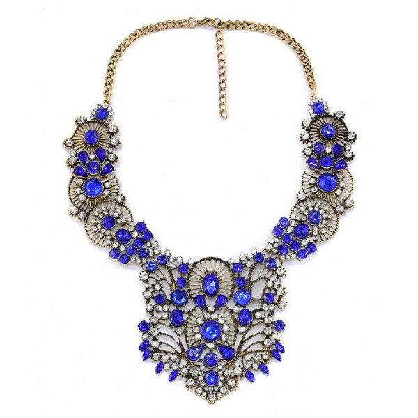 Sapphire Crystal Encrusted Antique Gold Statement Necklace